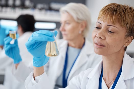 Essential oil, development and scientist in a lab doing research organic and natural fragrance in a clinic. Serum, treatment and collagen expert working on a skincare, perfume or beauty product.