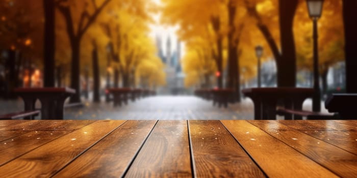 The empty wooden table top with blur background of European street in autumn. Generative AI image AIG30.