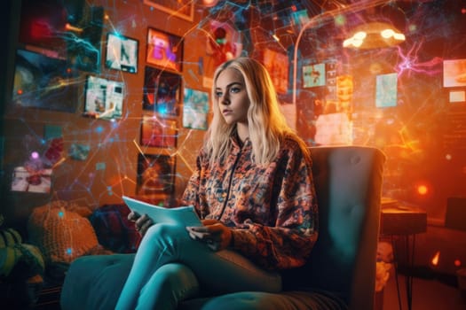 A young Scandinavian woman sitting at home and looking at mobile phone with holographic of news and social media data background. Generative AI AIG30.