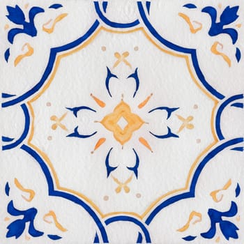 Watercolor illustration of portuguese ceramic tiles pattern. Single square tile.