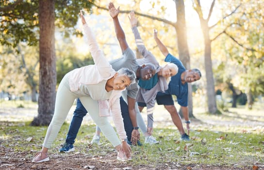 Yoga, park and old people stretching, fitness and exercise with happiness, wellness and stress relief. Senior women, nature and elderly men outdoor, relax and workout goal with progress and health.