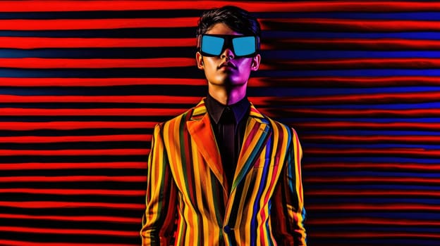 Young male model wearing VR posing with trendy man fashion outfit and colorful red optical art abstract background. Picturesque generative AI