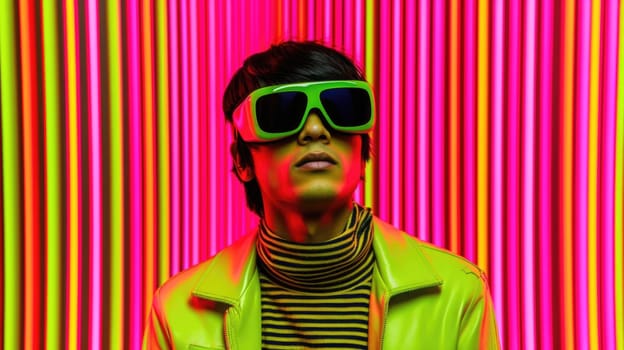 Young male model wearing VR posing with trendy fashion outfit and colorful vibrant glowing pink lime green optical art abstract background. Picturesque generative AI