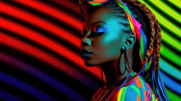 Young african female model posing with trendy fashion outfit and colorful glowing vibrant green and pink optical art abstract background. Picturesque generative AI