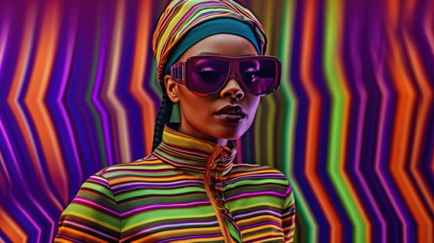 Young african female model wearing VR posing with trendy fashion outfit and colorful optical art abstract background. Picturesque generative AI