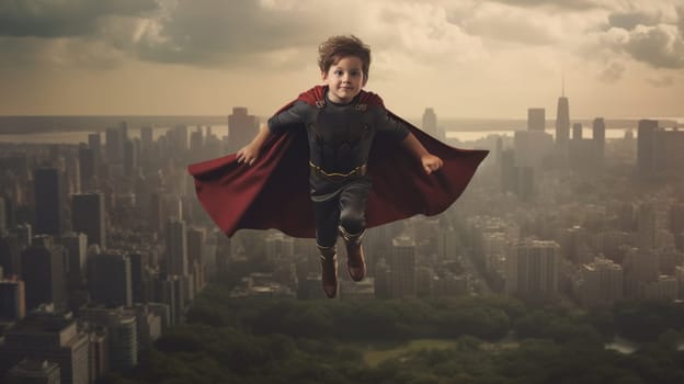Female superhero kid boy with red cape flying over city with superhero's gesture. Picturesque generative AI