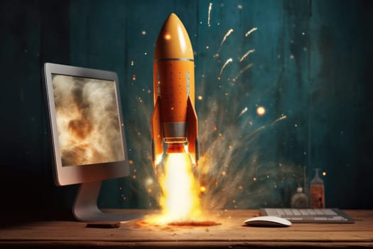 Rocket coming out of desktop computer screen. beautiful Generative AI AIG32