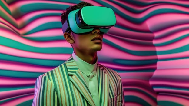 Young male model wearing VR posing with trendy fashion outfit and colorful pastel optical art abstract background. Picturesque generative AI