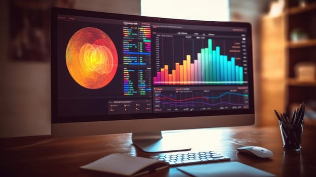 The side view of a computer screen displaying multiple financial reports, graphs and pie in corporate office background. beautiful Generative AI AIG32