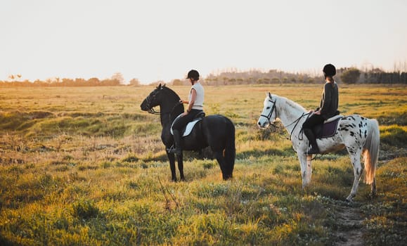 Horse riding, friends and women in countryside at sunset with outdoor mockup space. Equestrian, girls and animals in field, nature and adventure, travel and journey with pet for vacation in summer