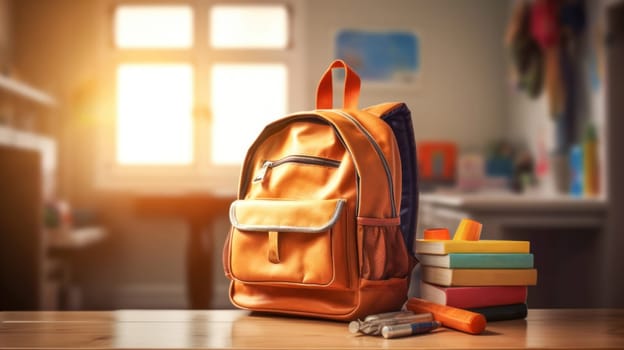 Orange backpack with school supplies on table. Back to school concept. Generative ai