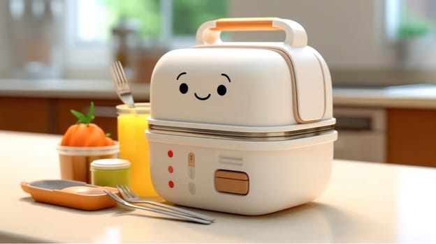 Cute white smiling lunch box with breakfast on kitchen table. Back to school concept. Generative ai