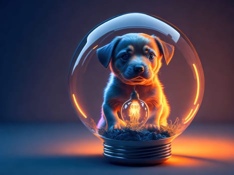 Eco friendly lightbulb with small small dog inside, concept of isolated world. Concept business energy in nature on the world. Generative Ai