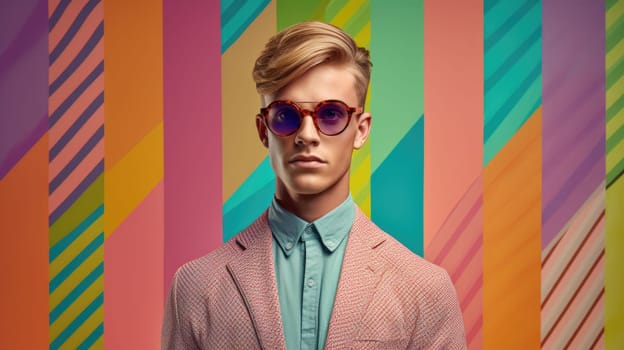 Young male model posing with trendy man fashion outfit and colorful pastel mood optical art abstract background. Picturesque generative AI