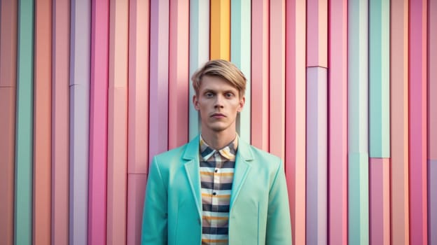 Young male model posing with trendy man fashion outfit and colorful pastel mood optical art abstract background. Picturesque generative AI