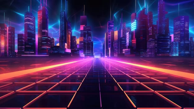 Cyberpunk cityscape abstract background for desktop wallpaper with retro-wave design city in geometric shape. Picturesque generative AI