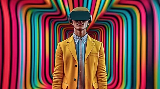 Young male model wearing VR posing with trendy man fashion outfit and colorful red optical art abstract background. Picturesque generative AI