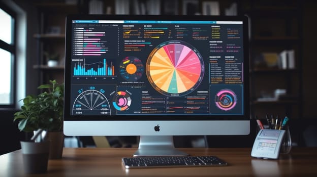 The side view of a computer screen displaying multiple financial reports, graphs and pie in corporate office background. beautiful Generative AI AIG32