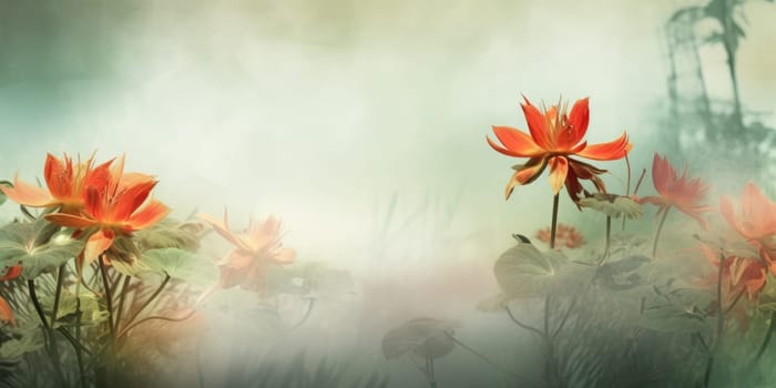 Beautiful abstract red and green misty morning photo floral design background banner. beautiful Generative AI AIG32