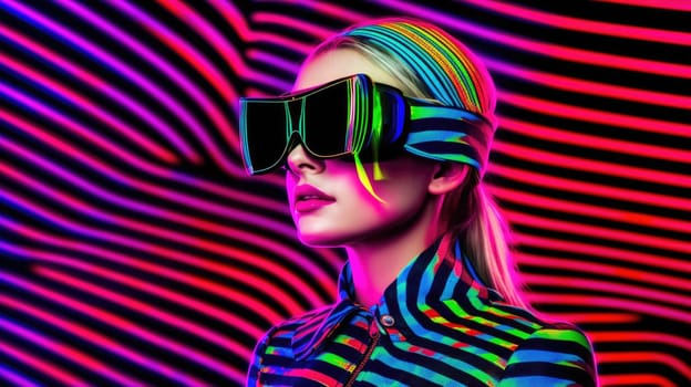 Young female model wearing VR posing with trendy fashion outfit and colorful vibrant glowing lime green optical art abstract background. Picturesque generative AI