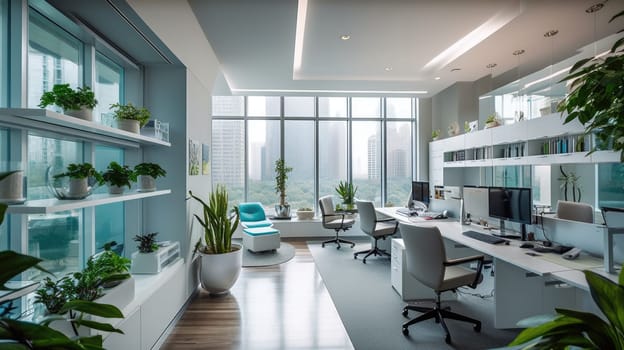 Inspiring office interior design Contemporary style Office featuring Wall of windows architecture. Generative AI AIG 31.