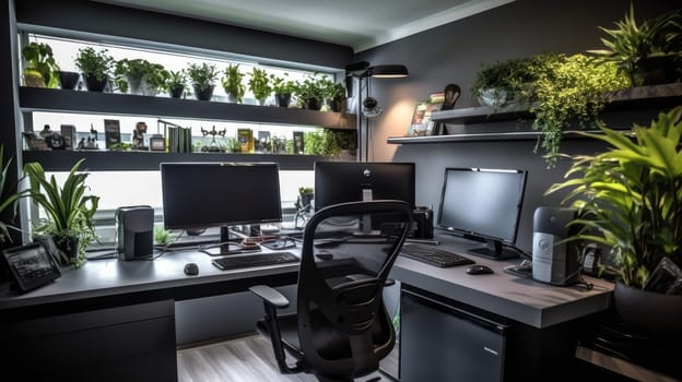 Inspiring office interior design Modern style Office featuring Statement desk architecture. Generative AI AIG 31.