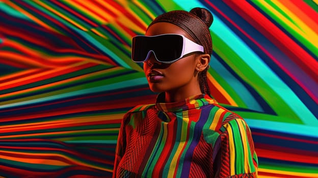 Young african female model wearing VR posing with trendy fashion outfit and colorful optical art abstract background. Picturesque generative AI