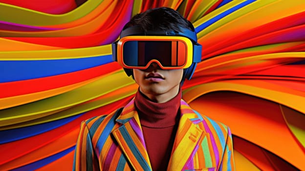 Young male model wearing VR posing with trendy fashion outfit and colorful orange optical art abstract background. Picturesque generative AI