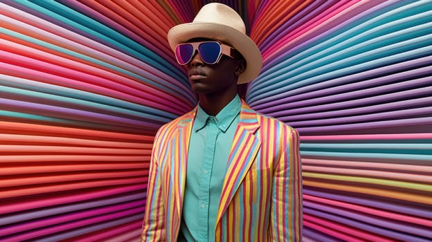 Young male model posing with trendy man fashion outfit and colorful pastel mood optical art abstract background. Picturesque generative AI