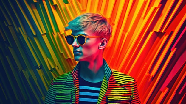 Young male model posing with trendy man fashion outfit and colorful optical art abstract background. Picturesque generative AI