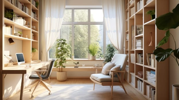 Inspiring office interior design Scandinavian style Private office featuring Window view architecture. Generative AI AIG 31.