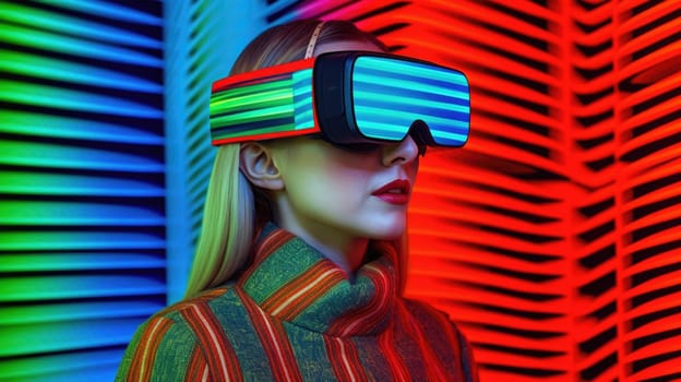 Young female model wearing VR posing with trendy fashion outfit and colorful red optical art abstract background. Picturesque generative AI