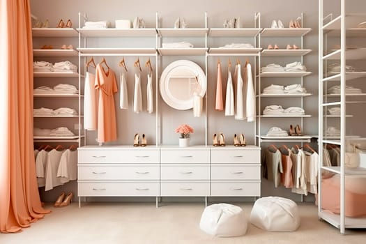 Stylish large, modern dressing room in beige tones. Generative AI. High quality illustration