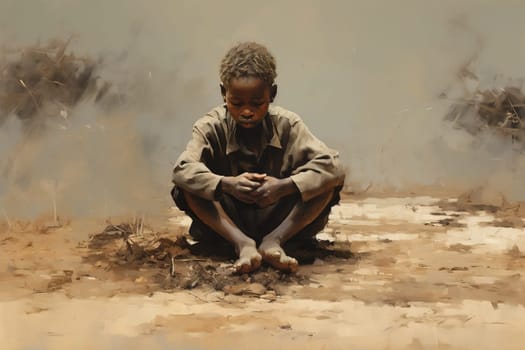 African hungry boy sits on the ground and eats. The concept of starving children in Africa. Generative AI. High quality illustration