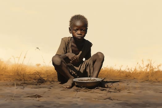 African hungry boy sits on the ground and eats. The concept of starving children in Africa. Generative AI. High quality illustration