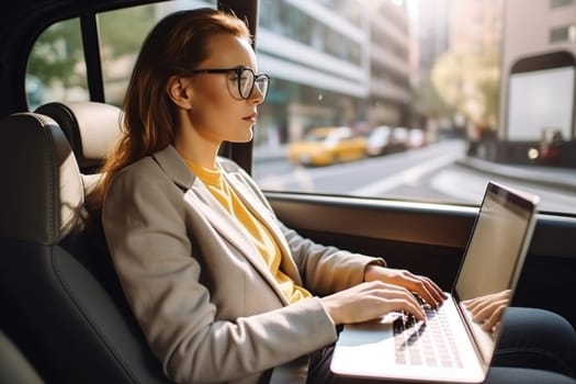 Business lady in a taxi works on a laptop. Generative AI. High quality illustration