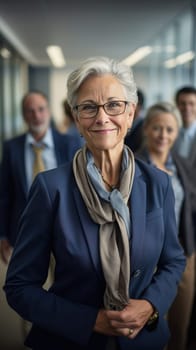 Adult business woman laughs with work colleagues. Generative AI. High quality illustration