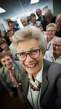Adult business woman laughs with work colleagues. Generative AI. High quality illustration