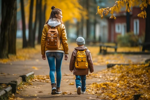 Mom takes the child to school. Generative AI. High quality illustration