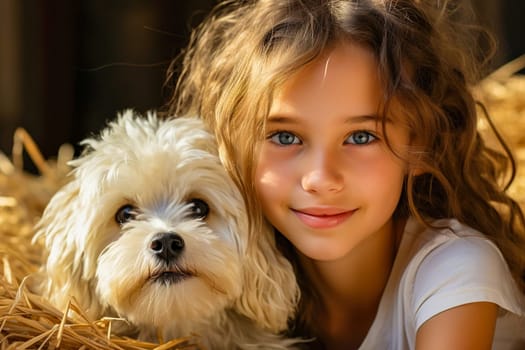 Portrait of a happy girl with a dog. Generative AI. High quality illustration