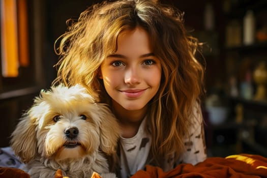 Portrait of a happy girl with a dog. Generative AI. High quality illustration