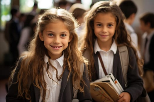 Portrait of girls in school uniform. The girls go to school. Generative AI. High quality illustration