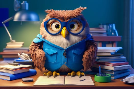 Illustration of an owl with school supplies. The concept of school education. Generative AI. High quality illustration. High quality illustration