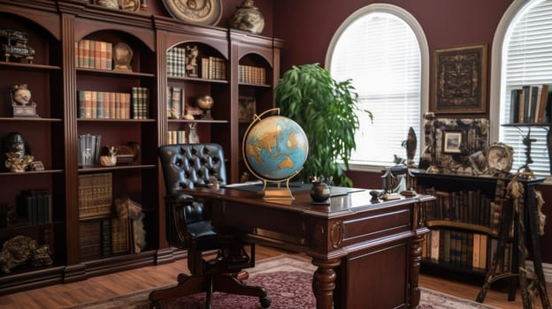 Inspiring office interior design Traditional style Study room featuring Antique furniture architecture. Generative AI AIG 31.