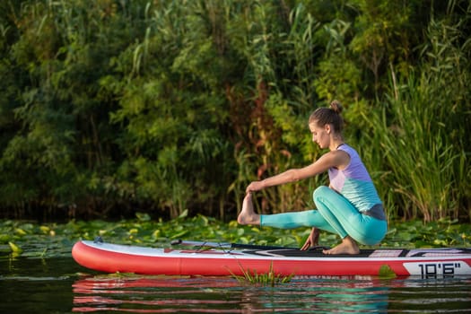 Young woman are doing yoga on a stand up paddle board SUP on a beautiful lake or river. The concept of a healthy lifestyle. Sport. Yoga. Hobby