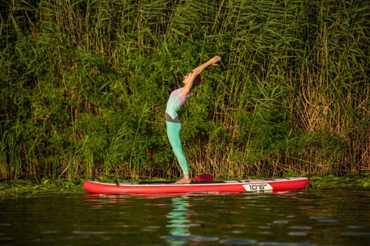 Young woman are doing yoga on a stand up paddle board SUP on a beautiful lake or river. The concept of a healthy lifestyle. Sport. Yoga. Hobby