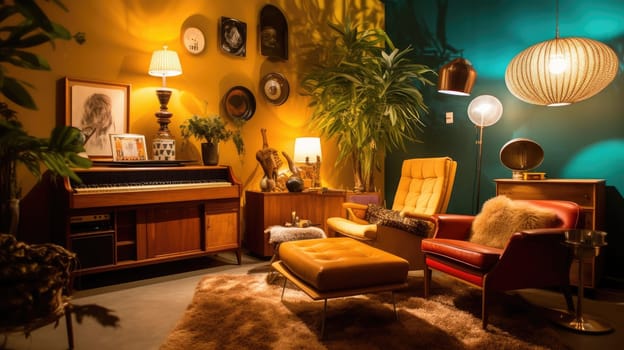 Inspiring office interior design Retro style Lounge featuring Vintage decor architecture. Generative AI AIG 31.