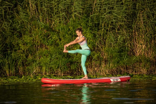 Young woman are doing yoga on a stand up paddle board SUP on a beautiful lake or river. The concept of a healthy lifestyle. Sport. Yoga. Hobby