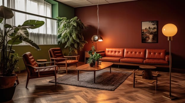 Inspiring office interior design Mid-century style Lounge featuring Retro elements architecture. Generative AI AIG 31.