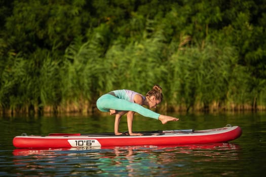 Young woman are doing yoga on a stand up paddle board SUP on a beautiful lake or river. The concept of a healthy lifestyle. Sport. Yoga. Hobby